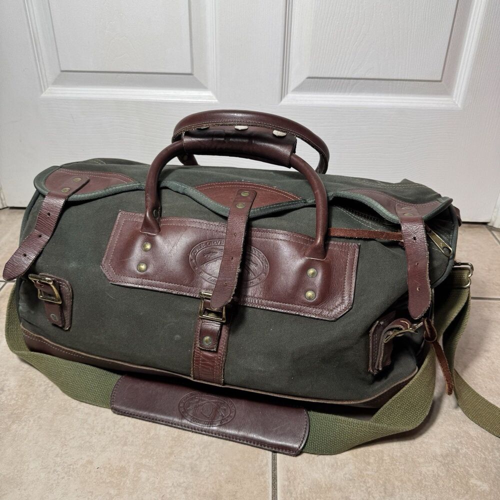 Vintage Orvis Battenkill Green Canvas Leather Duffel Weekender Travel Bag